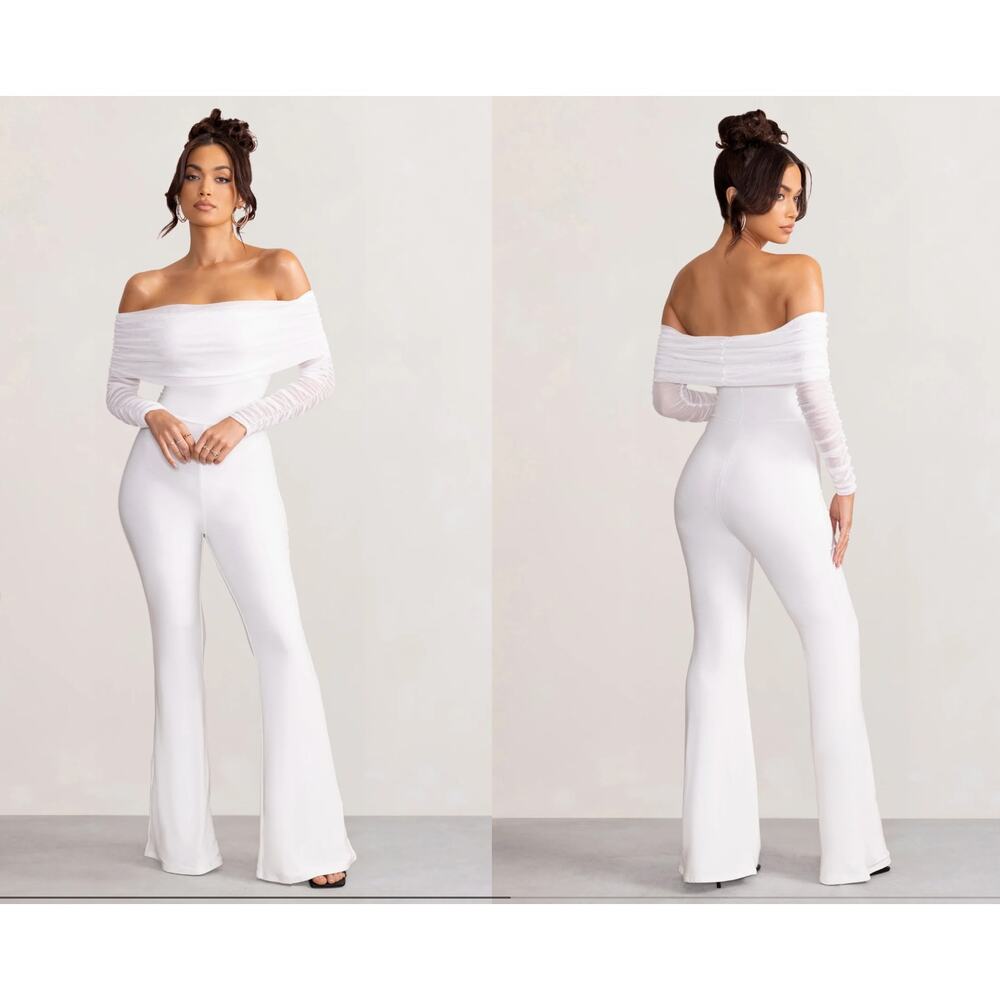 Club L London Whisper White Ruched Mesh Bardot Jumpsuit Size 8